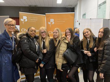 Pupils with Katie Hale, Presidents of Sutton Coldfield Chamber of Commerce, at the Former pupils Laura Thursfield and Kelly Clayton, who now work at major accountancy firm Mazars, exhibited at the Arthur Terry Careers Fair.