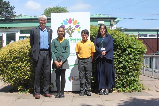 Andrew Mitchell MP with Caroline Dempsey and Mere Green students Taiya-Lea Brown and Daniel Wharrad.