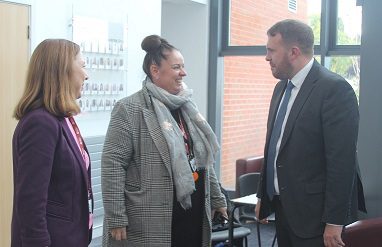 Jonathan Gullis talks to Cathryn Mortimer, Director of the Teaching School Hub and Arthur Terry headteacher Samantha Kibble.