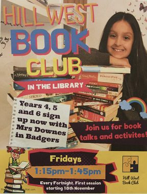 The poster that is helping promote the Hill West Book Club to students.