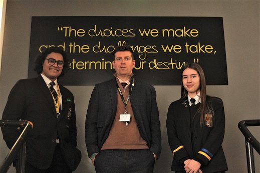 Fairfax Academy shoes policy - Fairfax Academy Head Girl Anna Riley, Deputy Head Boy Nikeil Dhariwal and headteacher Sean Castle.