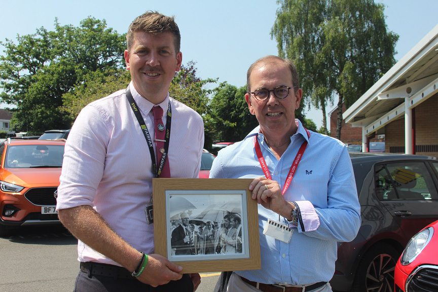 Principal Sean Castle with Jeremy Payne and photograph showing the Duke of Edinburgh’s visit to Fairfax.