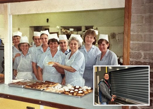 During his time as a Fairfax Academy exchange student, Shaun became known for his love of a tasty apple turnover at lunchtime. When he left the school, the dinner ladies posed for this photo as they handed him his final one. Inset: Shaun back in the refectory during his recent return to the school. 