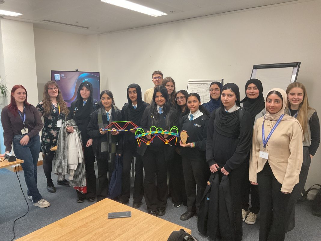 Erdington Academy Amey Challenge: The Erdington Academy Amey Challenge team proudly holding their model bridge.